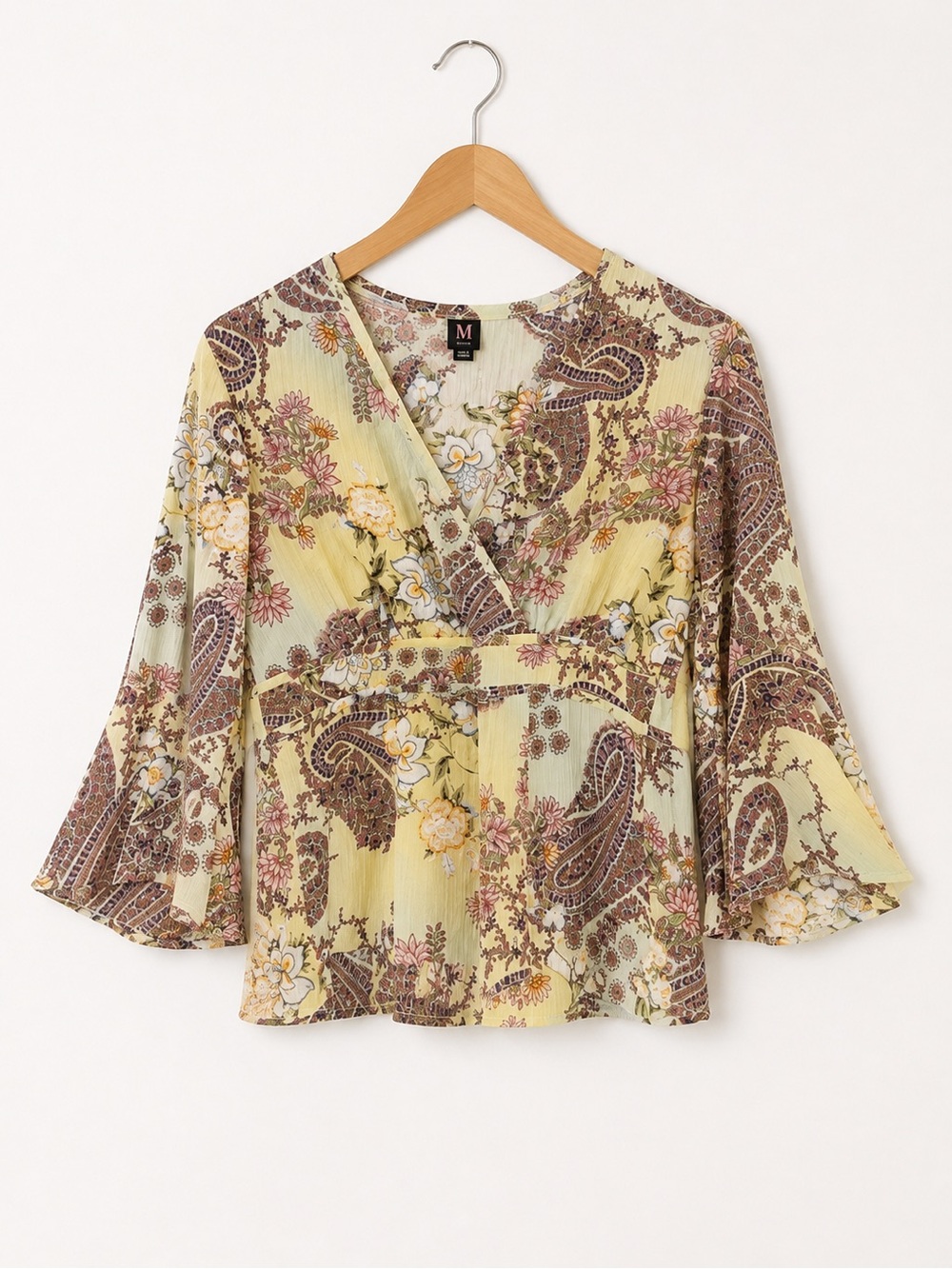 Milano Boho Paisley Floral Crinkle V-Neck Bell Sleeve Blouse Size Small Fall Y2K